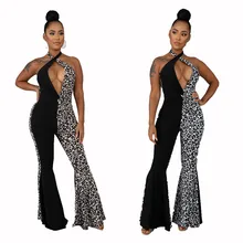 Women Sexy Jumpsuit Leopard Printed Halter Hollow Out Backless Bandage Lace Up Elegant Ladies Chic Flares Pants Rompers Overalls