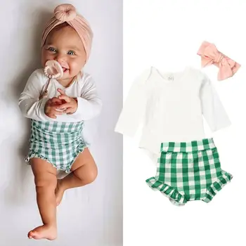 

Newborn Kids Baby Girl Sets Cotton Clothes White Romper+High Waist Plaids Shorts+Headband 3Pcs Baby Girl Outfits 0-24M
