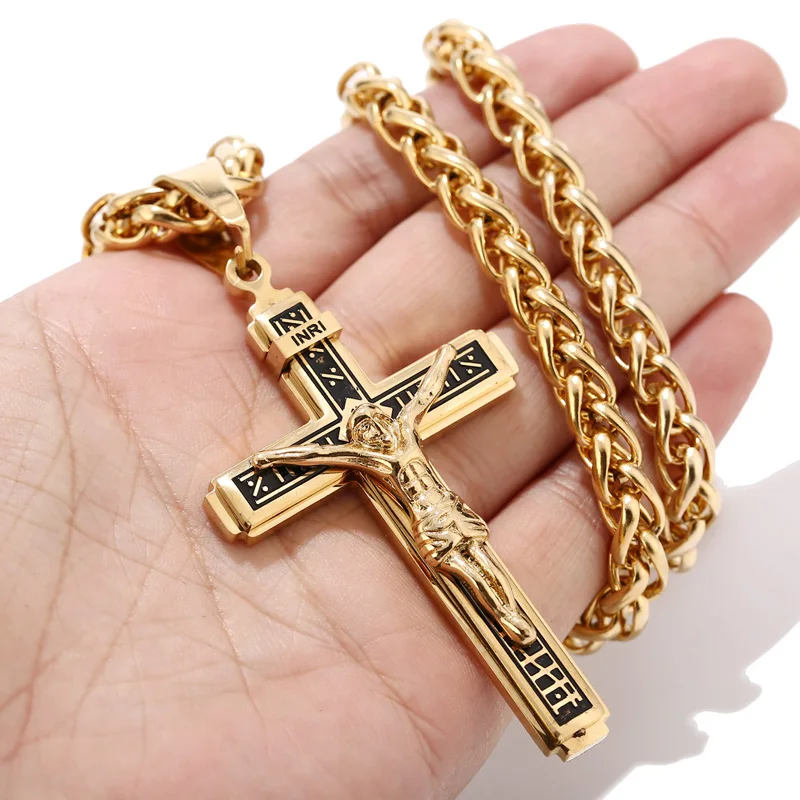 2019-New-Design-Piece-Catholic-Jesus-Christ-Cross-Crucifix-Stainless-Steel-Pendant-Necklace-24-Chain