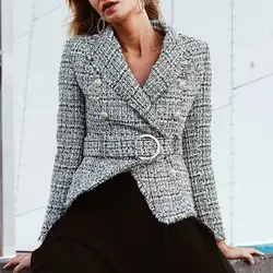 Mossha кисточкой двубортный твидовый Блейзер женские куртки пальто с длинным рукавом Офисная Женская верхняя одежда 2019 модный пояс уличная