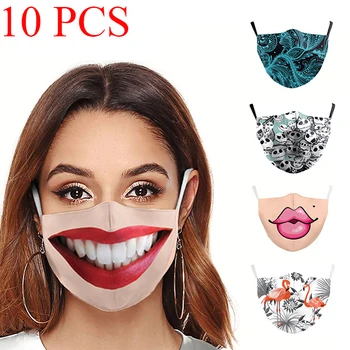 

10Pcs Adult Big Mouth Print Face Fabric Masks Skull Mouth Cover Reusable Protection Dust Washable Masks Proof Bacteria Mask