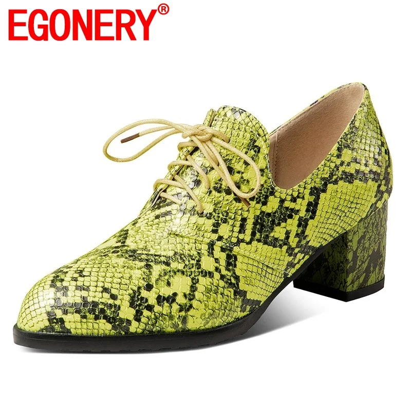 

EGONERY office woman pumps fashion sexy snakeskin pattern high heels women's shoes yellow green round toe lace-up woman pumps