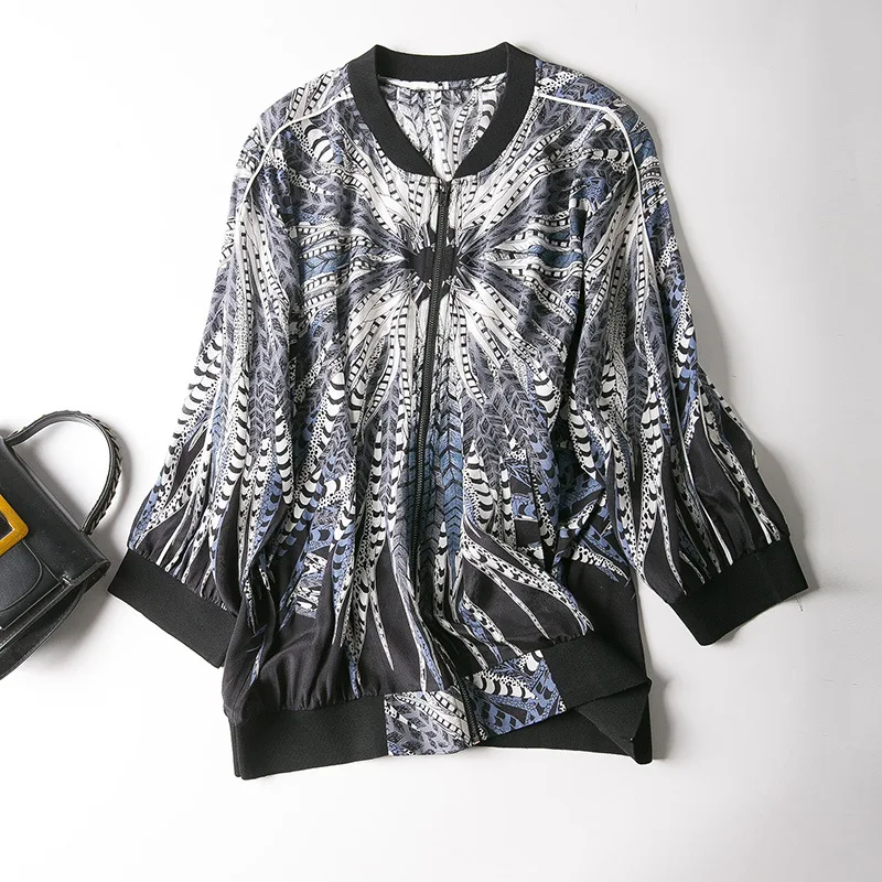 

2019 Spring And Summer New Style WOMEN'S Dress Western Style Baseball Collar Printed Real Silk Zipper Cardigan Airable Shirt Coa