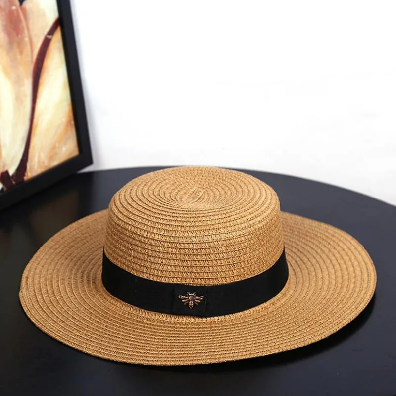 

Sun Hats Small Bee Straw Hat European and American Retro Gold Braided Hat Female Loose Sunscreen Sunshade Flat Cap Visors Hats