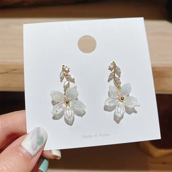 

MENGJIQIAO Korean Japan Fashion Acrylic Shell Flower Drop Earrings For Women Girls Elegant Zircon Leaf Pendientes Jewelry Gifts