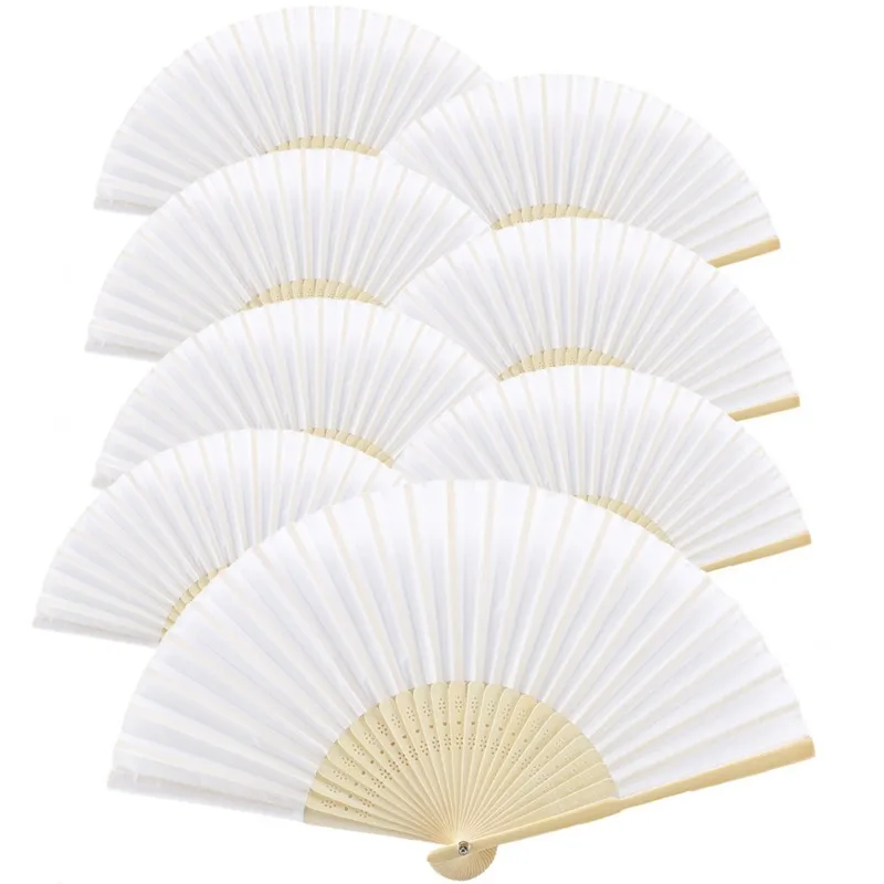 

10 pcs/lot 21cm White Color Fabric Hand Fan, Silk Hand Fan Wedding Party Promotion Favor