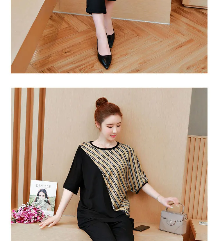 Комплект из 2 предметов размера плюс, большой 3XL, 4XL, 5XL, спортивный костюм для женщин, комплект в полоску, комплект из штанов и топа, летние костюмы