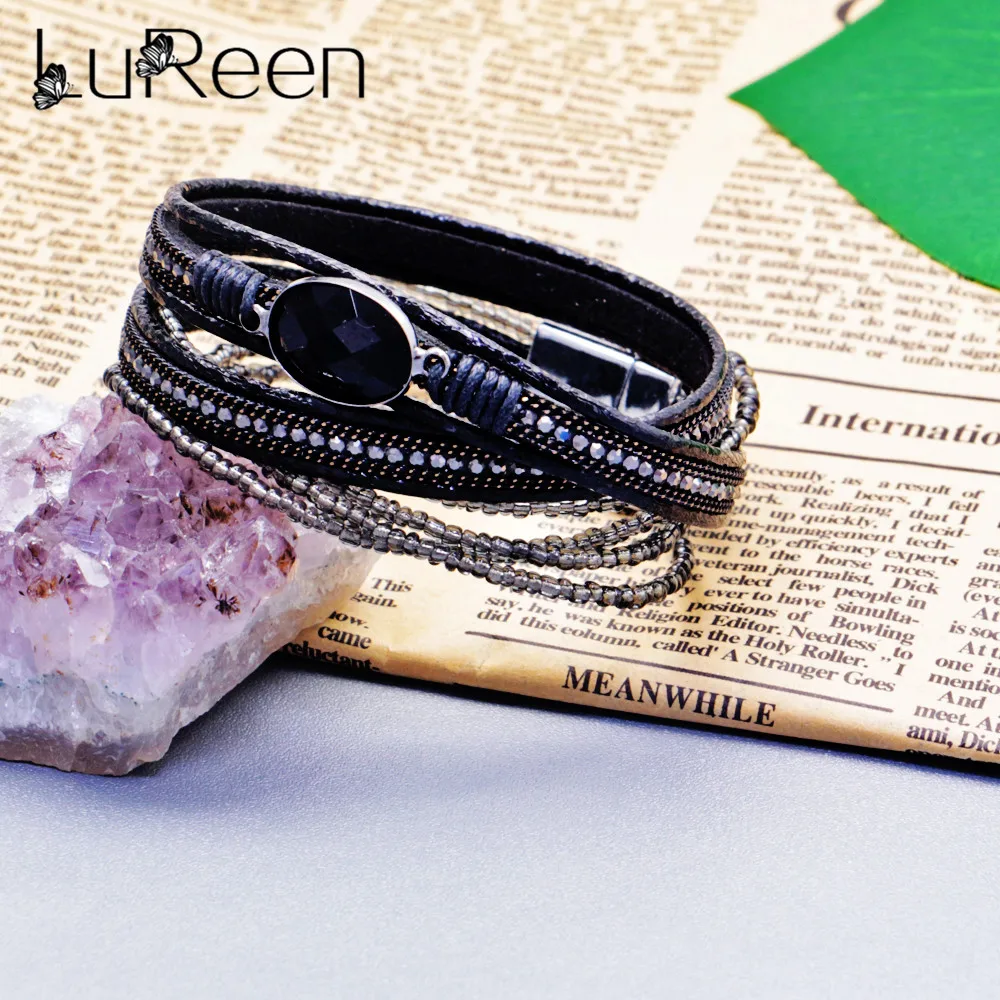 Lureen Многослойный кожаный браслет-Обертка Браслет леопардовой раскраски барокко браслет с бусинами из кристаллов ручной работы магнитный браслет с застежкой