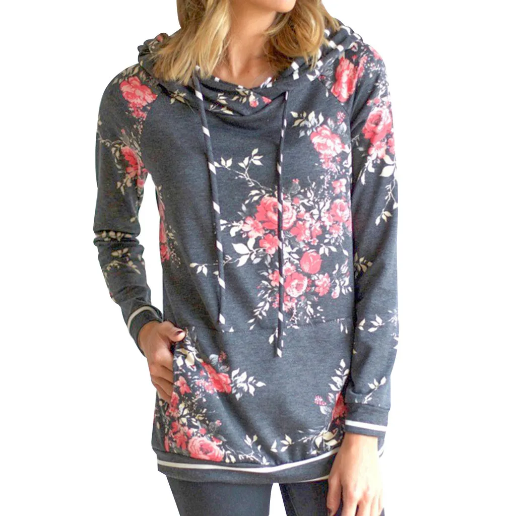 Hoodies Women Autumn 2019 Flowers Print Hooded Harajuku Streetwear Fashion Hoodie Hoodies And Sweatshirts Women Pullovers