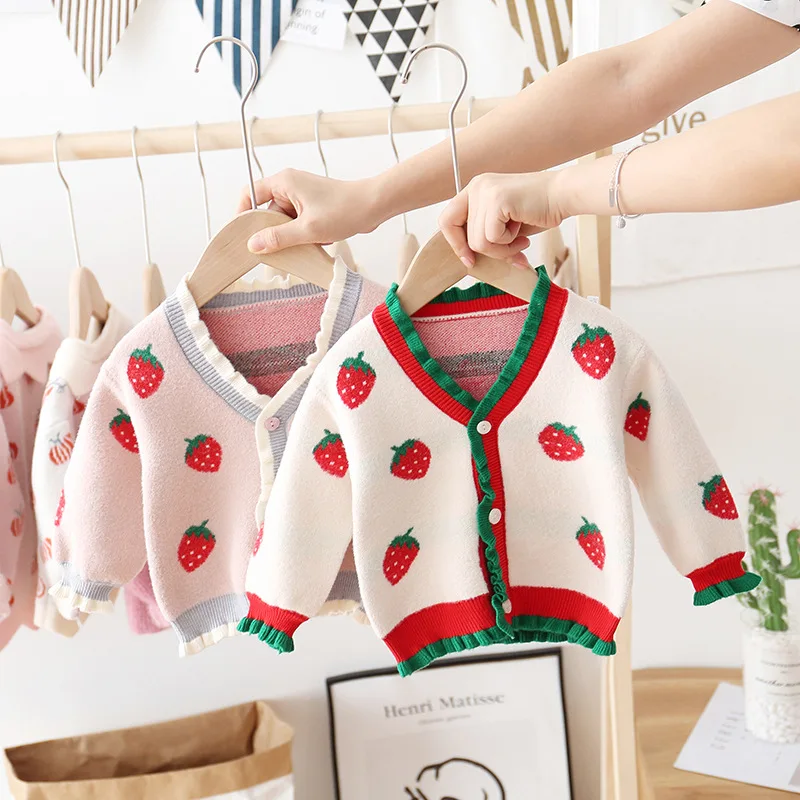 2019 New Baby Girl Sweater Cardigan Sweet Strawberry Lace Sweaters Jackets Kids Girls Children Winter Clothes | Детская одежда и