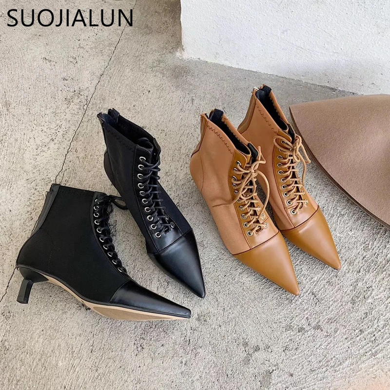 

SUOJIALUN Women Ankle Boot Fashion Brand Pointed Toe Zip Thick Heel Elastic Ankle Boots Female British Style Leather Martin Boot