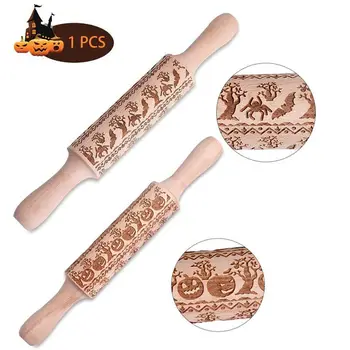 

Embossing Rolling Pin Wooden Halloween Pumpkin Spider Bat Fondant Pastry Baking Cookies Biscuit Baking Tools Roller Pins