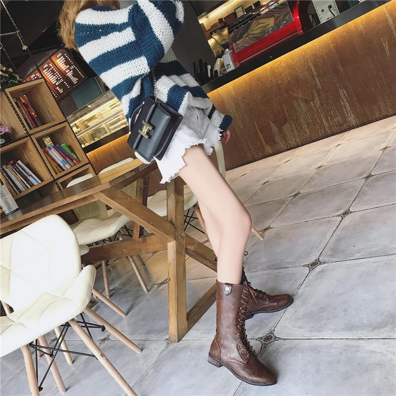 BONJOMARISA 35-43 Hot Sale Lady Retro mid-calf Boots Women Spring Fashion Turned Over Edges Boots Low Heel OL Shoes Woman
