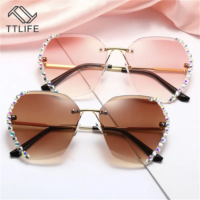 

TTLFE 2020 Vintage Fashion Oversized Rimless Sunglasses Women Famous Luxury Brand Design Sexy Diamond Square Sun Glasses Female