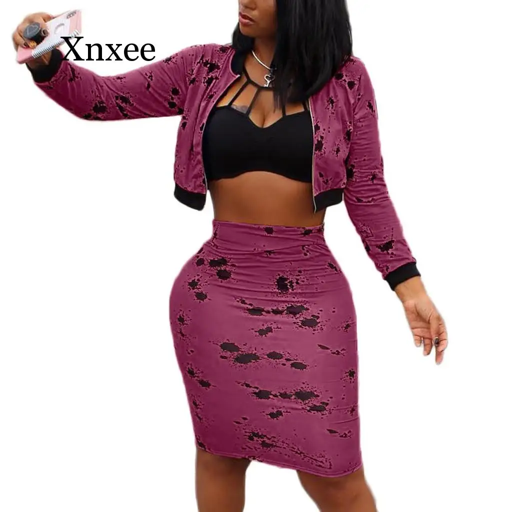 

2 Pcs Women Set Splash Print Dress + Tops Splash Print Tops Two-piece Set Long Suit Female Outwear skirt jacket office style