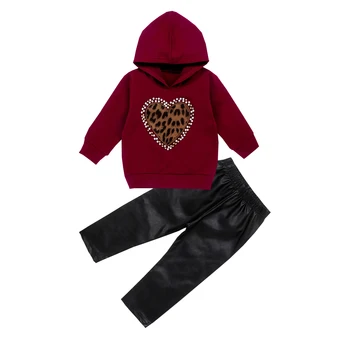 

Kids Girl Clothes Toddler Baby Girls Tracksuit Love Heart Hoodies Hooded Tops+PU Leather Trousers Pants 2PCS Outfit Clothing Set