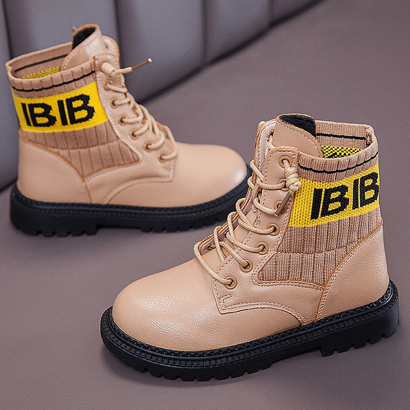 Botas de Moda Botas para Meninos Sapatos de Couro Crianças Martin Meninas Outono Inverno Remendado Estiramento Grosso Quente Algodão Borracha 14 High Quality Mamãe e Bebê