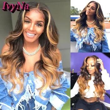 

IvyNa Blonde Black Highlight 13x6 Synthetic Lace Front Wigs Ombre Futura Heat Resistant Loose Wave 13x6 Lace Front Wig Pre Pluck