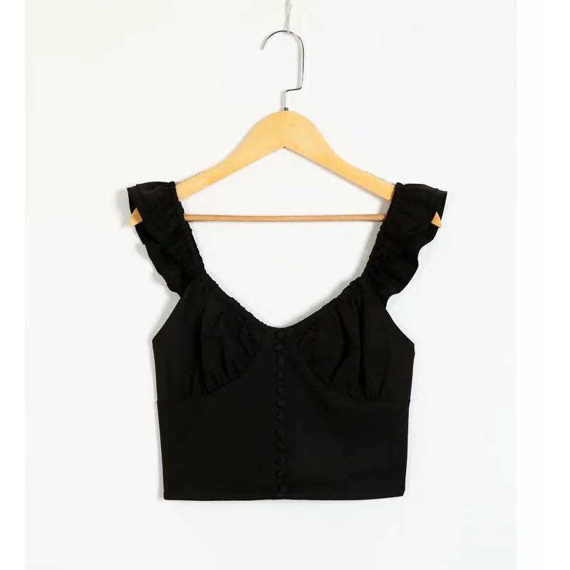 

DK157 Spring Summer Fashion Ruffles Strap Buttons Deco Slim Fitness Crop Tops Women Short Tank Tops Camisole