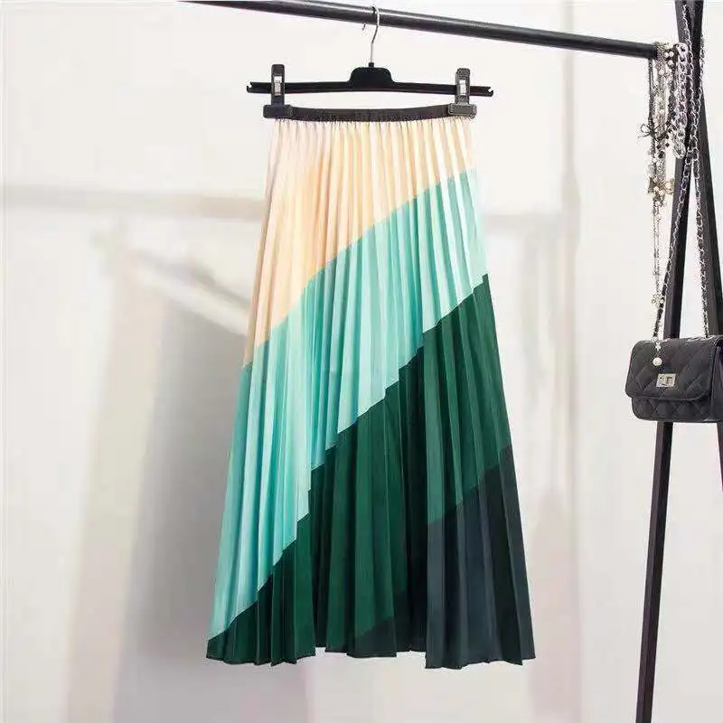 Marwin 2019 New-coming Spring Rainbow Discoloration Silk surface Retro Women Skirts High Street Style A-Line Striped Skirts