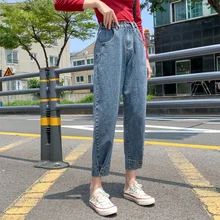 Корейская версия, джинсы для женщин, высокая талия, свободные, Репка, брюки, узкие, сзади, талия, кнопка регулировки, девять точек, брюки