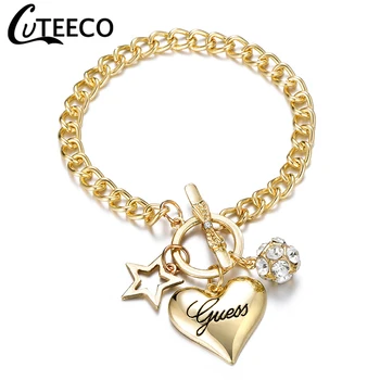 

Cuteeco Fashion Silve Brand Gold Color Women Jewelry Crystal Cuff Charm Bangle Chain Pendant Bracelet For Valentine's Day Gift