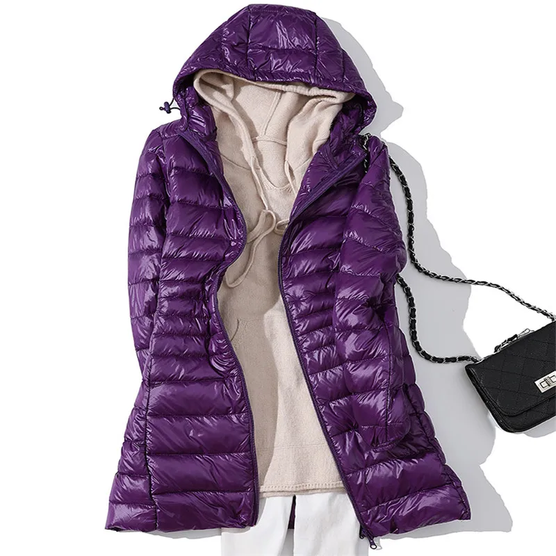 Фиолетовый Sanishroly S-7XL Winter Women Midi Long Hooded Jacket Ultra Light Down Coat Parka Female White Duck Down Outerwear Plus Size 735 - Цвет: Фиолетовый