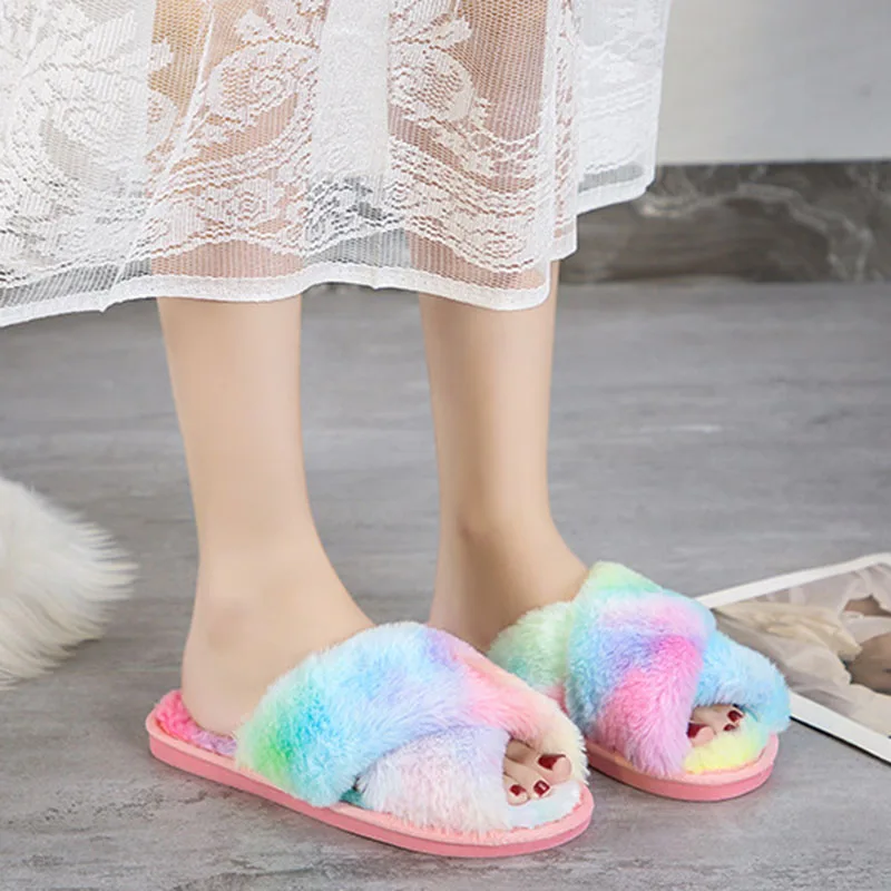 SWQZVT New open toe women slippers 2020 cross rainbow colors fur house female slippers tie-dye floor sleeping women winter shoes (29)