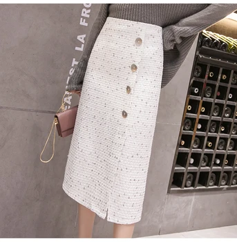 

Women Modis Tweed Skirt Elegant Black White Long A Line Skirts Ladies High Waist Split Button Midi Party Skirt