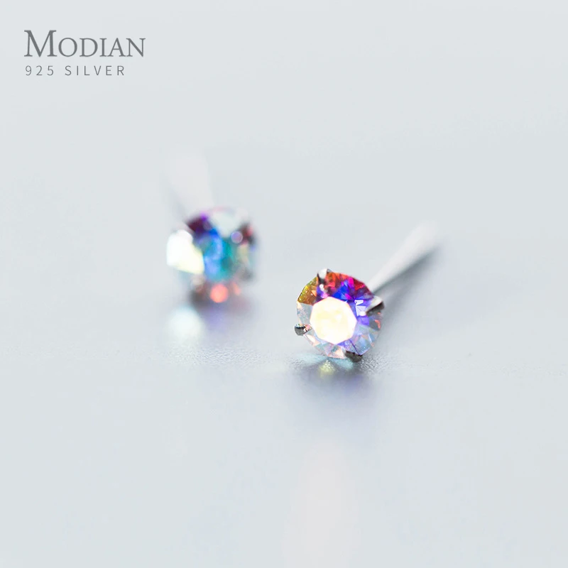 

Modian Rainbow Round Colorful Cubic Zirconia Simple Stud Earrings Fashion Exquisite 925 Sterling silver Wedding Jewelry For Women Christmas Gift