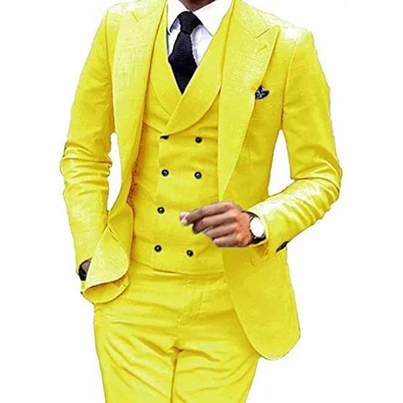 Yellow Мужской костюм из 3 предметов бордовый двубортный жилет формальный деловой приталенный смокинг для свадьбы блейзер+ жилет+ брюки - Цвет: Yellow