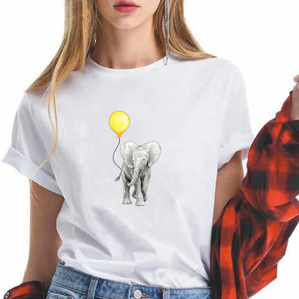 

Beautiful Cheap High Quality Versatile Women T-shirts Elephant and Balloon Print Aesthetic Tops O-neck   Tshirt