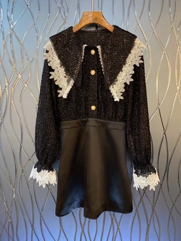 

2020 Early Spring New Women's Leaders Port Lace Color Mosaic Decoration Long Sleeve Dress 405