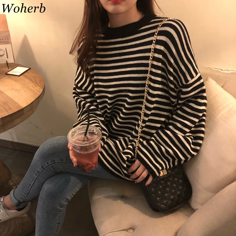 Woherb/осенний пуловер, джемпер с круглым вырезом и длинным рукавом, полосатый свитер, Женский Повседневный Свободный вязаный Топ Harajuku, корейская мода 90852