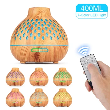 

400ML Essential Oil Diffuser Remote Control Hollow Wood Grain Aromatherapy Humidifier Auto-Off for Home With LED Night Lamp