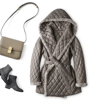 SHUCHAN Jackets for Women Hooded Mink Fur Argyle Winter Coat Women Belt Slim High Street Adjustable Waist Korean Fashion