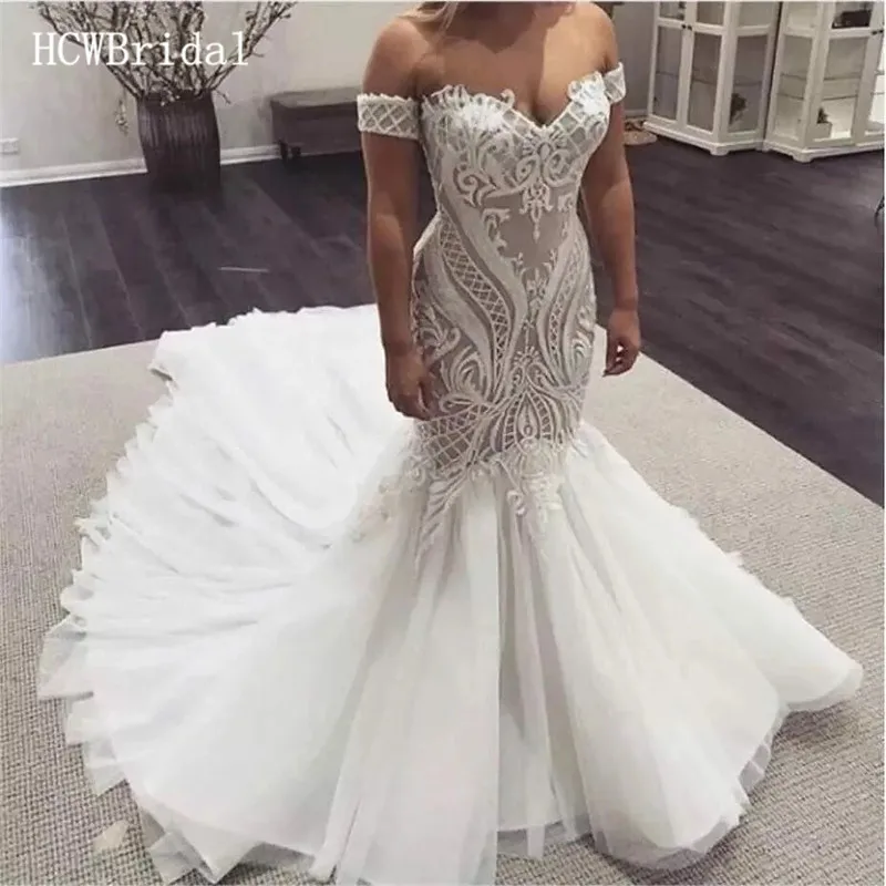 

Mermaid Wedding Dress 2019 Graceful Off The Shoulder Tulle Lace Arabic Bride Dresses Customize Robe De Mariee Sirene Cheap