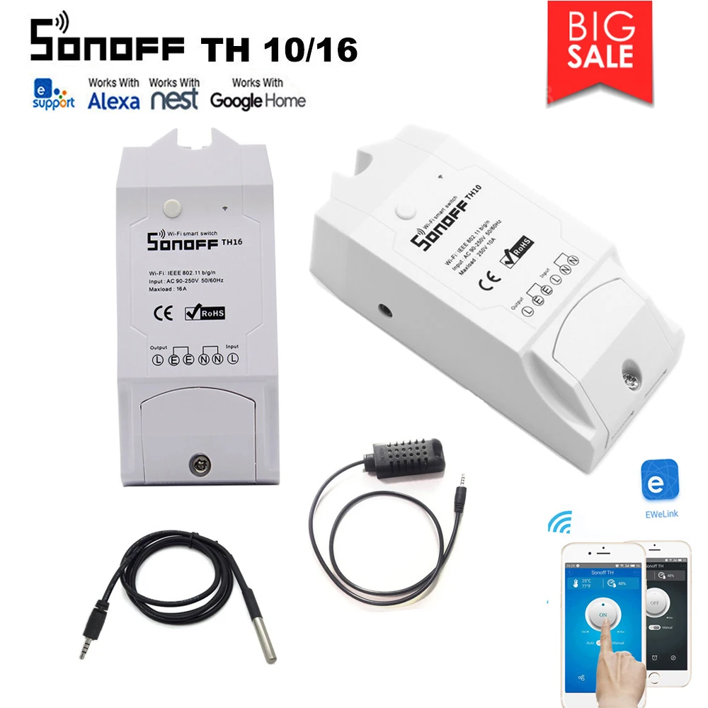 

Sonoff TH10/TH16 Smart Home Wifi Switch Monitor Temperature Humidity sensors Work With Alexa Google Home control by eWeLink