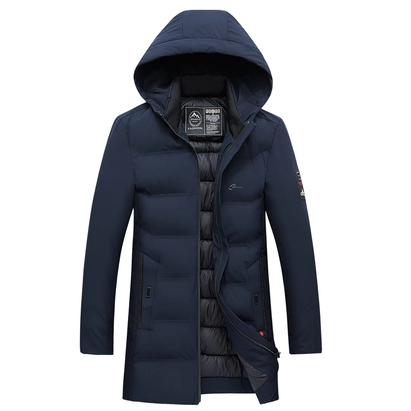 Зимние модные брендовые куртки для мужчин, длинная уличная парка, Корейская стеганая куртка с капюшоном, пуховые пальто, мужская одежда - Цвет: Navy Blue