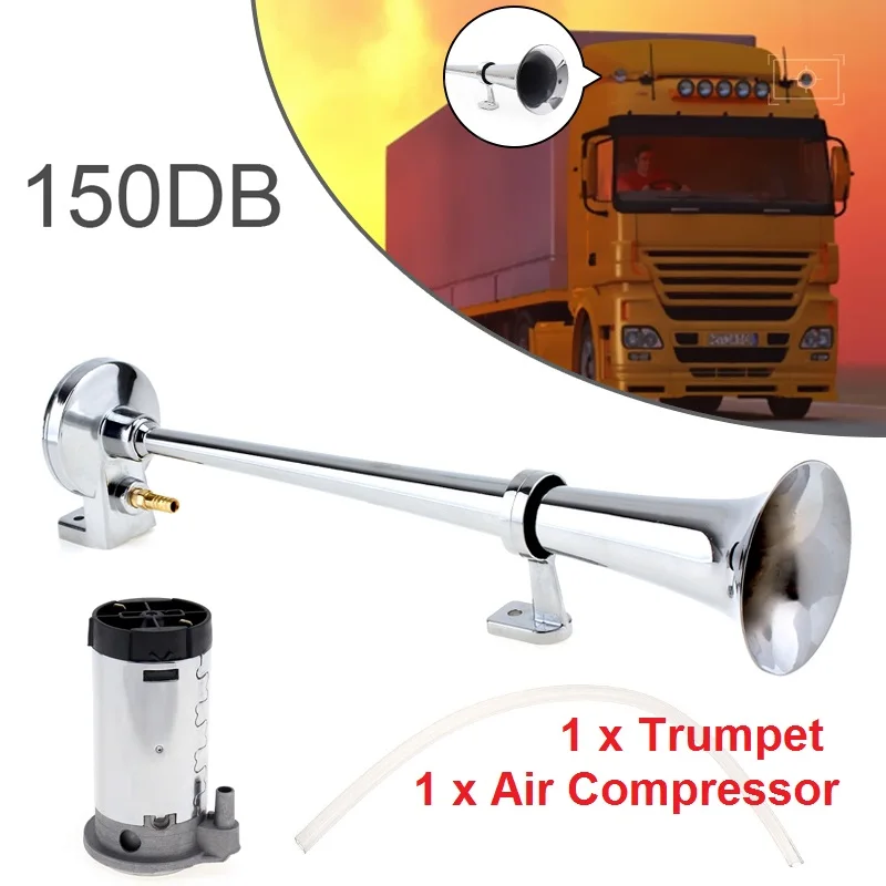 17 Inch 12V/24V 150dB Super Loud Air Horn Compressor Kits Wires and Relay + Compressor+ Air Horn Single Trumpet for Truck