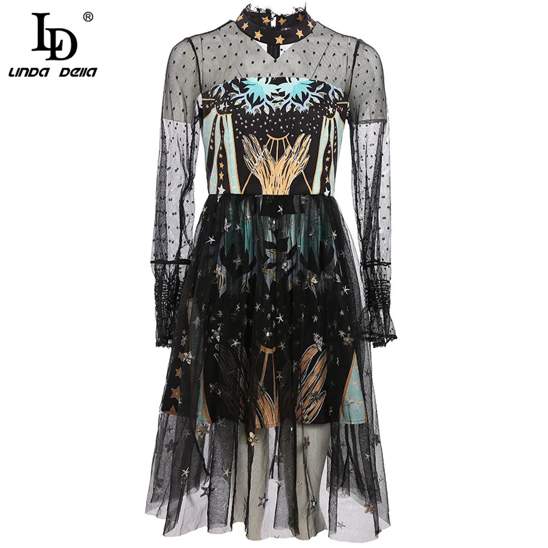 

LD LINDA DELLA Fashion Designer Dress Autumn Women Stand collar Mesh Patchwork Star Print Sequined Vintage Elegant Midi Dress