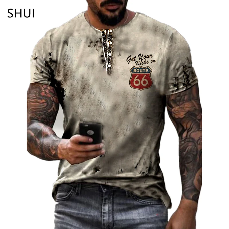 Summer New Mens T Shirts Oversized Loose Clothes Vintage Short Sleeve Fashion 66 Letters Printed O Collared Tshirts Route 66 Men