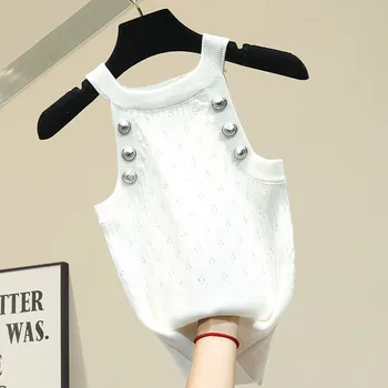 

Women Knitted Tank Top Ladies Button White Black Bodycon Slim Stretch Knitting Tank Top Female Tops