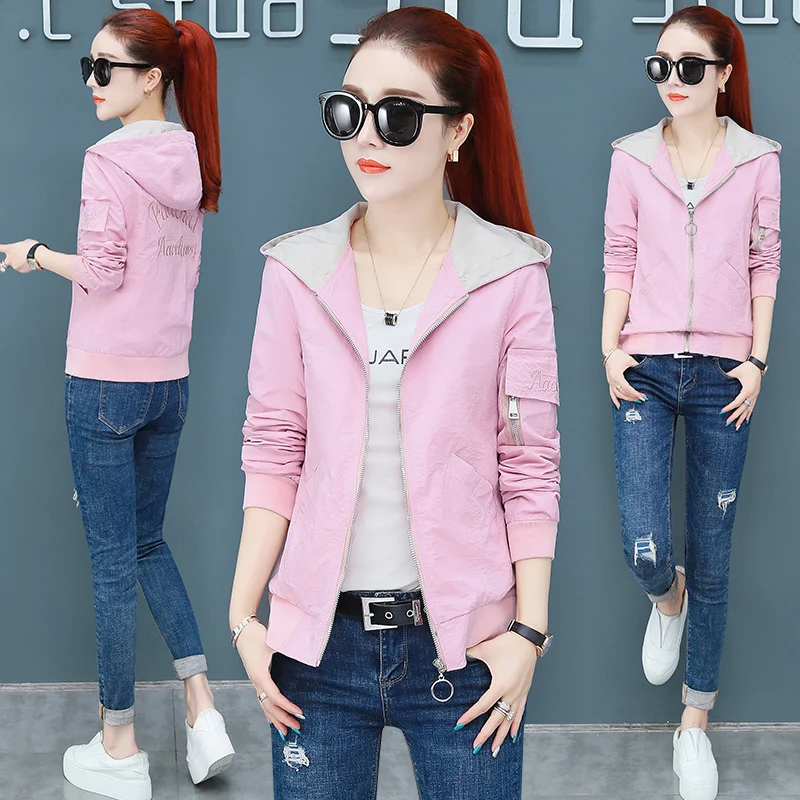 

Short embroidery female casual windbreaker Korean version 2019 new slim high hooded jacket spring and autumn short coat tide