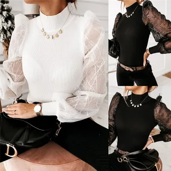 

Women Turtleneck Long Puff Sleeve Pullover Shirt Blouse OL Jumper Ribbed Shirt Mesh See Through Sequined Lace Slim Shirt Blouses