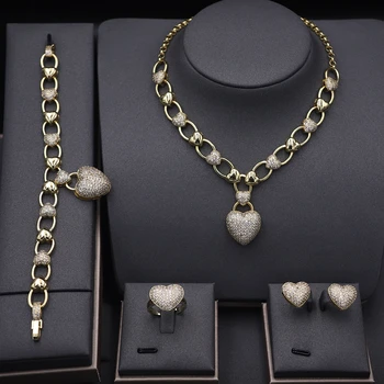 

Luxury Cubic Zirconia Stone Jewelry Set For Women Heart Pendant Necklace Bracelets earring Ring cz dubai jewelry sets wholesale
