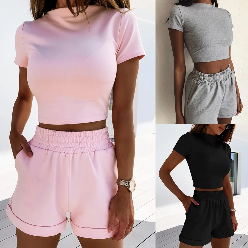 

2 Piece Sets Womens Outfits Fashion Two Piece Crop Top and Short Set for Women Summer 2020 Casual Black Pink Outfit Matching Set