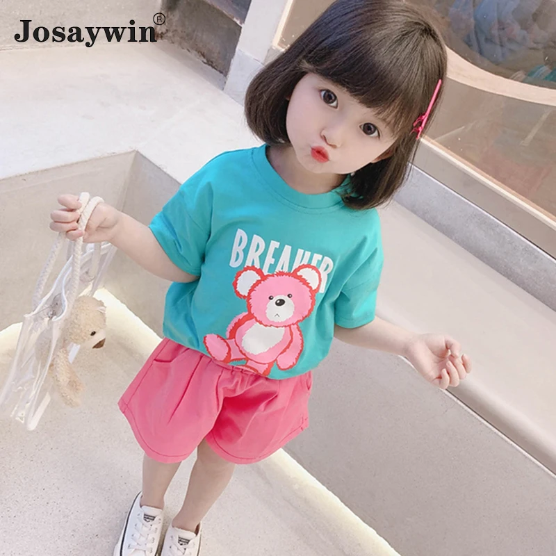 

New Style Summer Children Suits Kids Girls 2 Pieces Sets T-shirt Top+Shorts Cartoon Sports Baby Clothes Sets Baby Girl Clothes