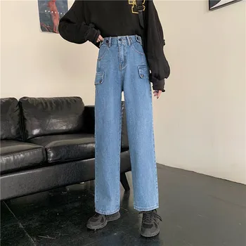 

2020 spring new semi-elastic high-waisted tooling design wild jeans