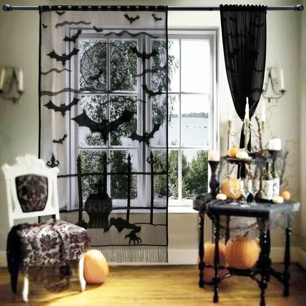 OurWarm Halloween Window Curtain Horror Black Lace Props Pumpkin Bat Ghost Door Wall Hanging Halloween Party Decoration